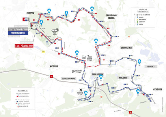 zdjęcie kolorowe: mapa przedstawiająca trasę 15. Silesia Marathon, Silesia Ultramarathon i Silesia Półmaraton