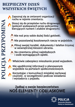 zdjęcie kolorowe: plakat z wypisanymi poradami dotyczącymi bezpieczeństwa w okresie Wszystkich Świętych