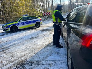 zdjęcie kolorowe: policjant wykonujący badanie trzeźwości kierunkującego