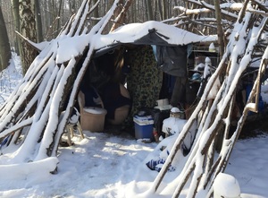 zdjęcie kolorowe: szałas zbudowany przez osobą bezdomną znajdujący się w lesie