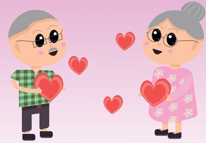 zdjęcie kolorowe: grafika przedstawiająca babcię i dziadka trzymających w swoich rękach serca