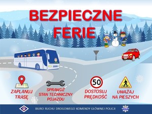 zdjęcie kolorowe: grafika przedstawiająca autobus i samochód w trakcie wyjazdu na zimowe ferie, oraz napis o treści Bezpieczne Ferie