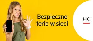 zdjęcie kolorowe: plakat przedstawiający dziewczynkę, która trzyma w ręce telefon komórkowy