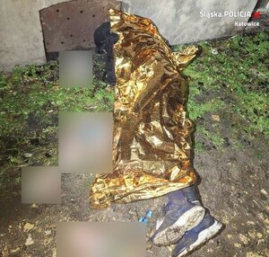 zdjęcie kolorowe: wyziębiony mężczyzna leżący na trawniku, przykryty przez policjantów kocem termicznym