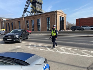 zdjęcie kolorowe: policjanci katowickiej drogówki podczas rozmowy z kierującymi samochodami osobowymi zatrzymanymi do kontroli drogowej w ramach działań "Bezpieczny pieszy"