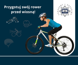 zdjęcie kolorowe: przedstawiające kobietę na rowerze z hasłem: Przygotuj swój rower na wiosnę!
