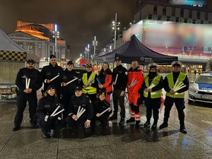 zdjęcie kolorowe przedstawiające służby mundurowe podczas odblaskowej akcji profilaktycznej Świeć przykładem - noś odblaski