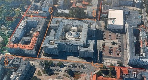 zdjęcie kolorowe: wycinek mapy Katowic w rejonie Sląskiego Urzędu Wojewódzkiego z zaznaczonymi ulicami, które będą wyłączone z ruchu ze względu na protest rolników