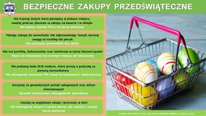 zdjęcie kolorowe: plakat przedstawiający koszyk z pisankami i rady jak być bezpiecznym podczas świątecznych zakupów