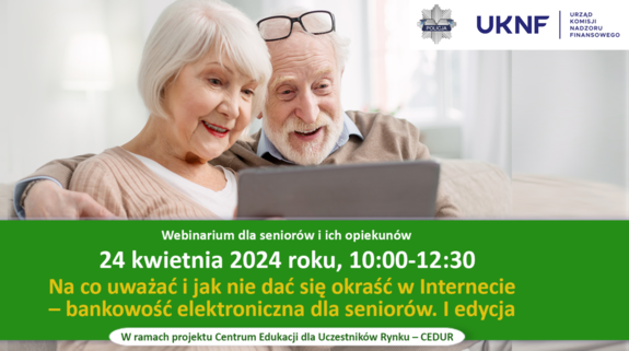 zdjęcie kolorowe: plakat przedstawiający kobietę i mężczyznę w starszym wieku siedzących przed laptopem