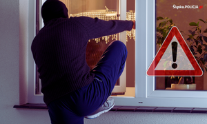 zdjęcie kolorowe: zamaskowany mężczyzna wchodzący przez okno do domu