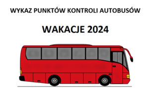 zdjęcie kolorowe przedstawiające czerwony autobus oraz napis wakacje 2024