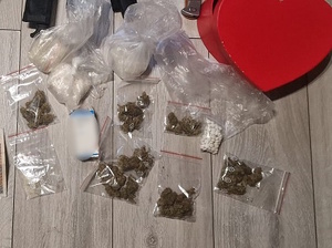 zdjęcie kolorowe: zabezpieczone przez katowickich policjantów narkotyki, lekarstwa i gotówka