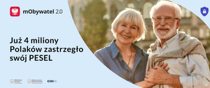 zdjęcia kolorowe: Plakat informujący o tym, że 4 miliony Polek i Polaków zastrzegło swój PESEL