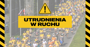 zdjęcie kolorowe: zdjęcie z biegaczami i napis o treści: utrudnienia w ruchu