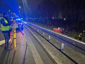 Na zdjęciu widoczny policjant, radiowóz oraz ambulans. Po prawej stronie widoczny samochód oraz parawan