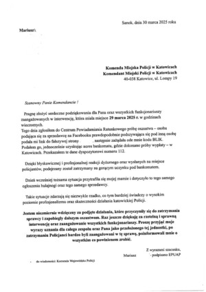na zdjęciu treść podziękowań