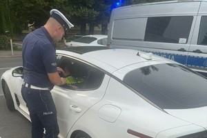 Na zdjęciu policjant przy pojeździe