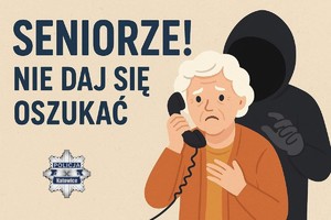Na zdjęciu napis Seniorze nie daj się oszukać i postać seniorki