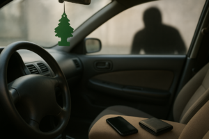 Na zdjęciu widoczne wnętrze pojazdu, w którym leży portfel oraz telefon, a za szybą widoczna postać złodzieja